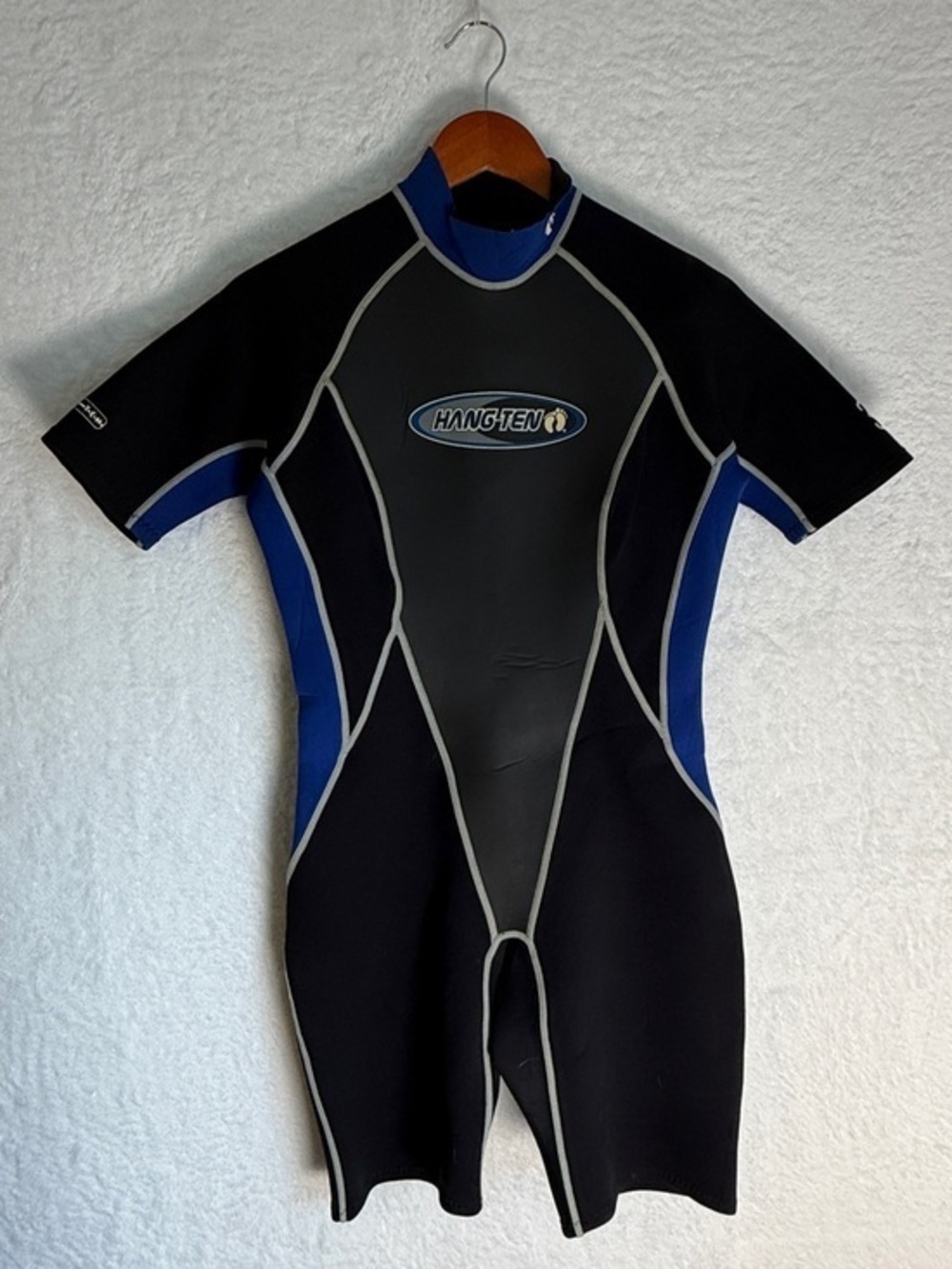 Hang Ten Shorty Wetsuit Size Large Black Blue Front Zip Surf Swim Dive